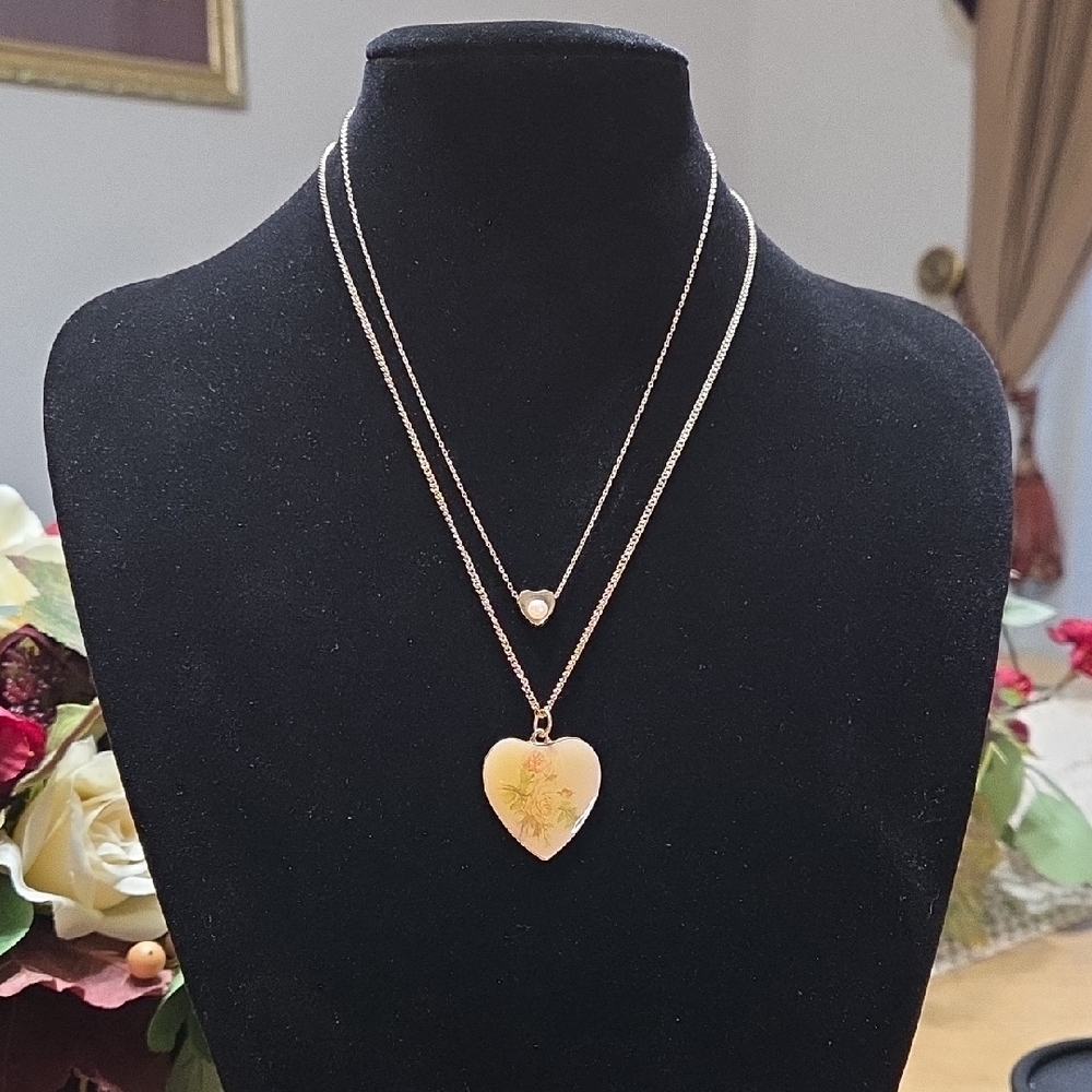 Candie's 2 Gold Heart Necklace with Floral Charm and Small Heart with Pearl